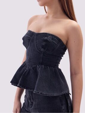 LA Armario Strapless Black Denim Peplum Top size medium